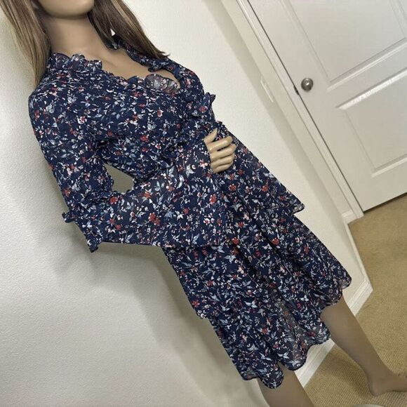 Walter Baker Dress Size 2 Blue Floral Print Diana Tiered Ruffle Layered Nautical - Picture 6 of 14